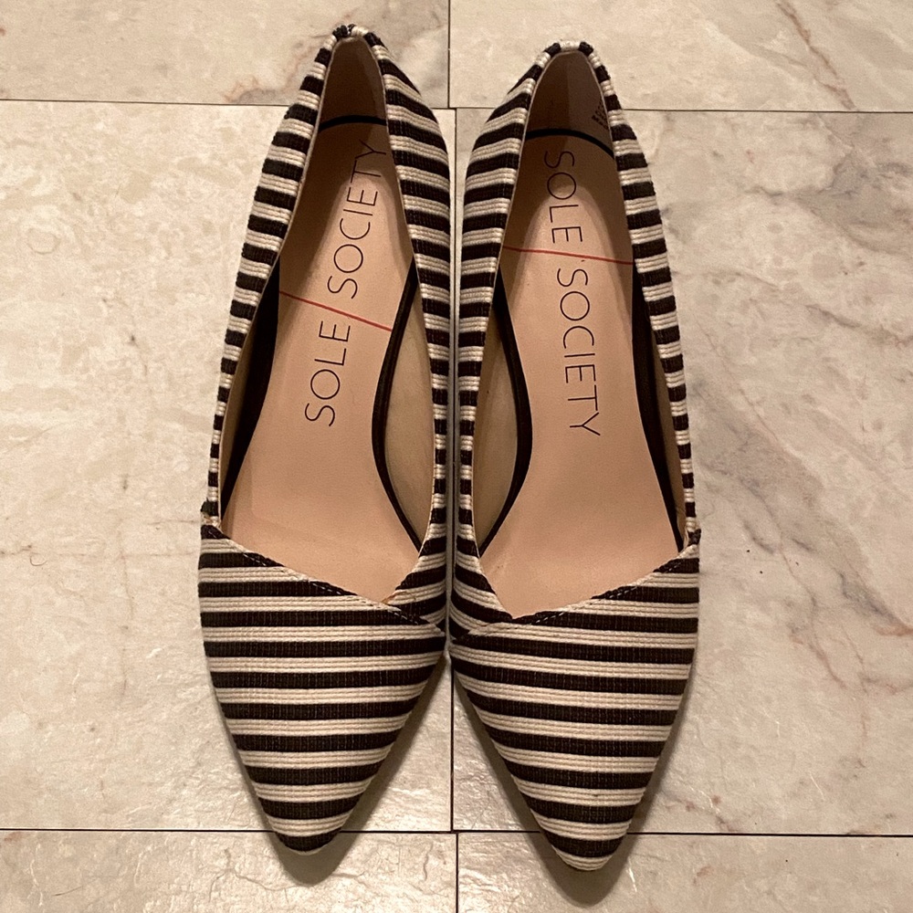 🆕 SOLE/SOCIETY angelica, black and white stripe linen heels